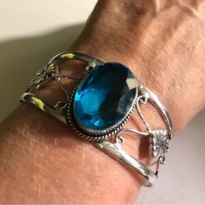 Blue Topaz Stamped 925 Sterling Silver Cuff Bracelet